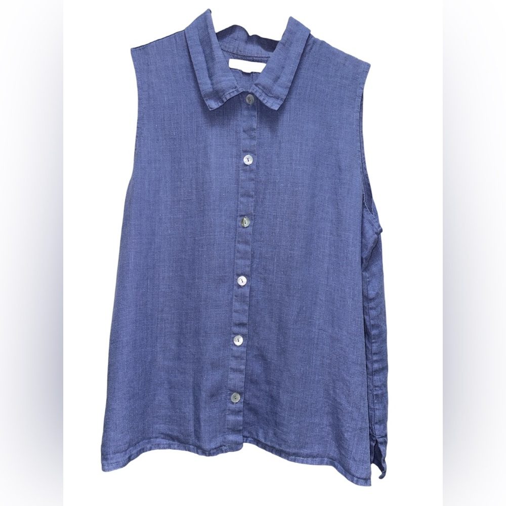 Flax Linen Sleeveless Button-Front Blue Top